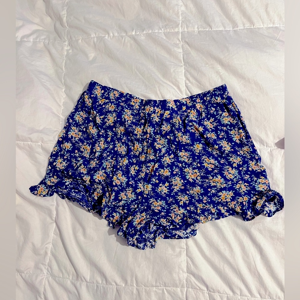Blue Flowy Floral American Eagle Shorts with Ruffle Trim